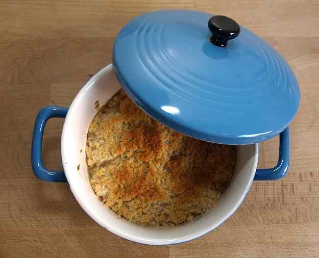 Crumble de bacallà i porros